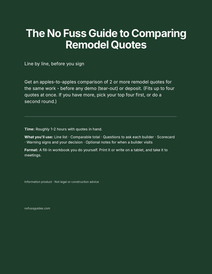 Cover of The No Fuss Guide to Comparing Remodel Quotes: Line by line, before you sign